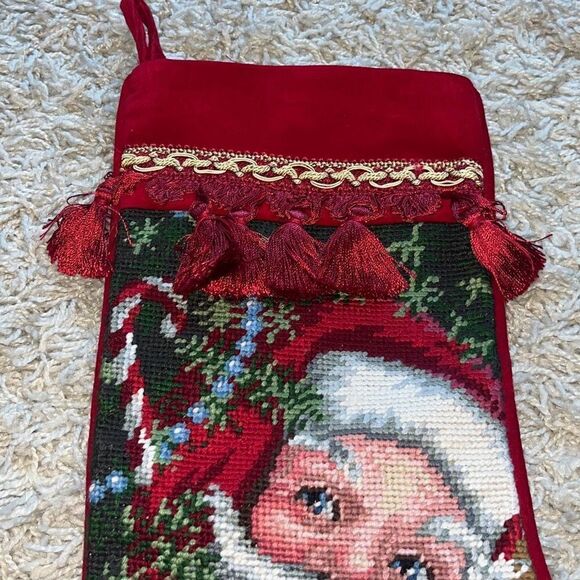 VINTAGE SANTA CLAUS CHRISTMAS STOCKING CROSS STITCH HANDMADE USA RED - Picture 4 of 12